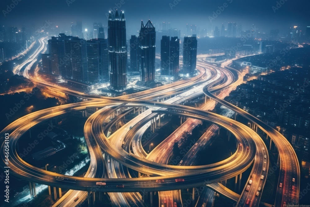 A street at night with vehicles and highways