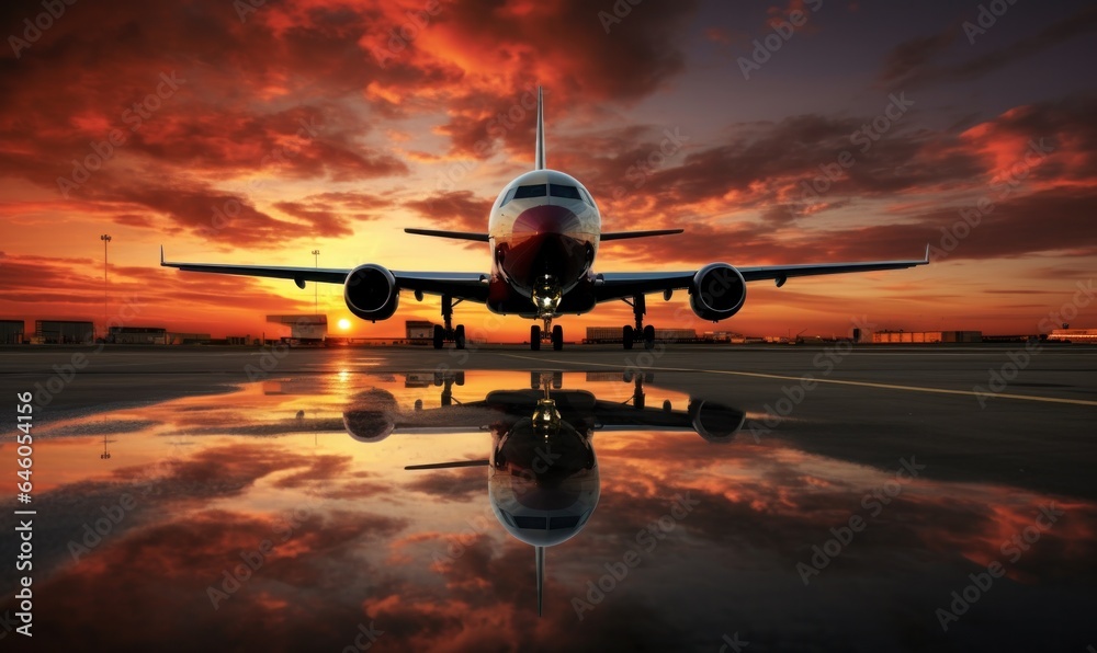 The sun is setting behind a plane on an airport