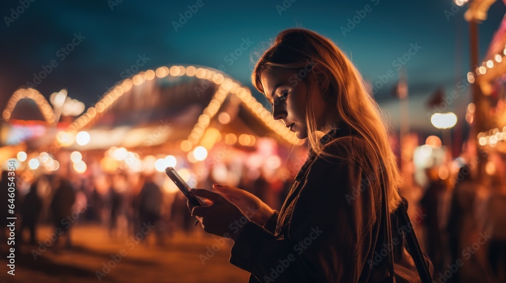 Woman at night festival with smartphone