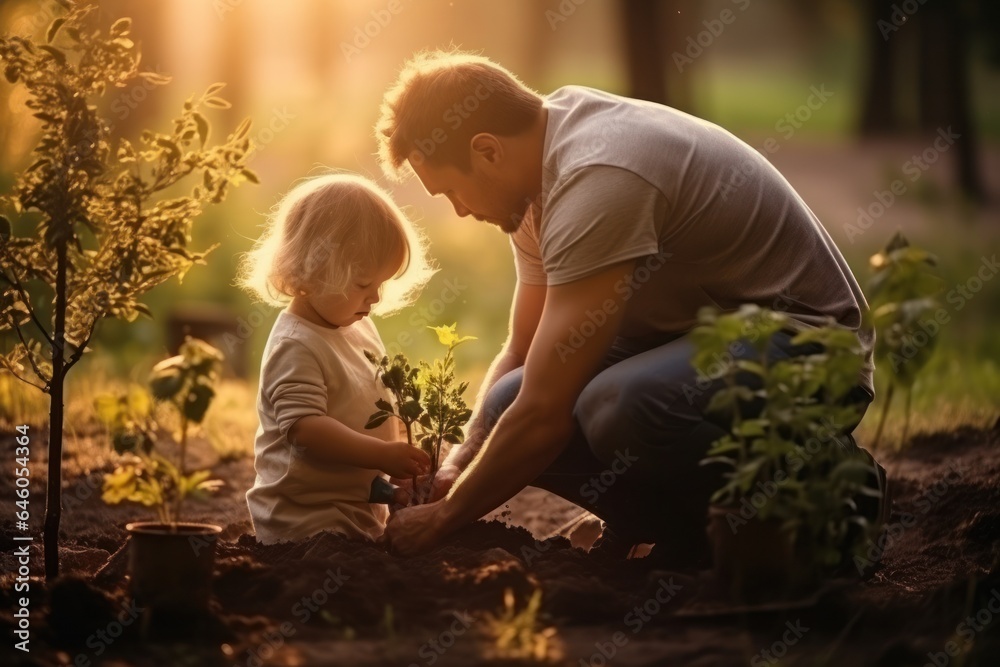 Family planting tree in garden