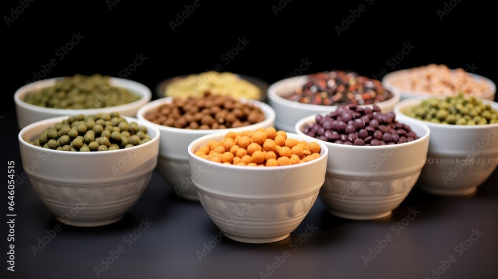 Different kinds of food bowls filled with various types of food