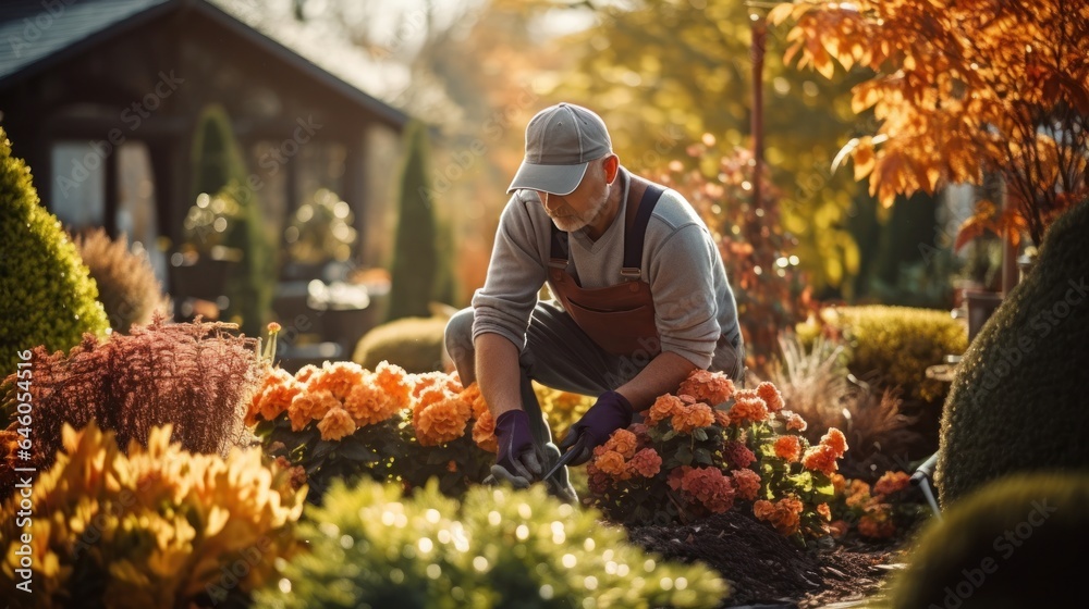 Gardener works in autumn garden