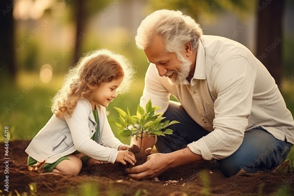 Family planting tree in garden