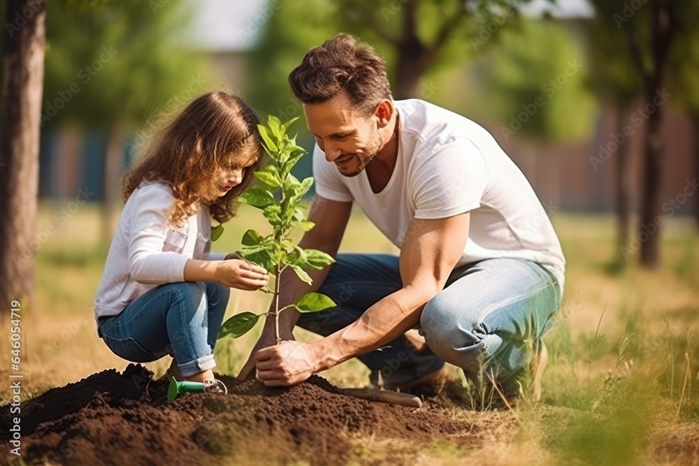 Family planting tree in garden