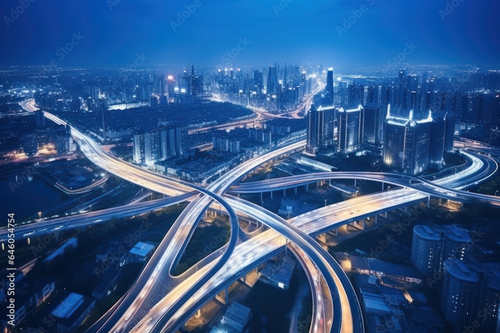 A street at night with vehicles and highways