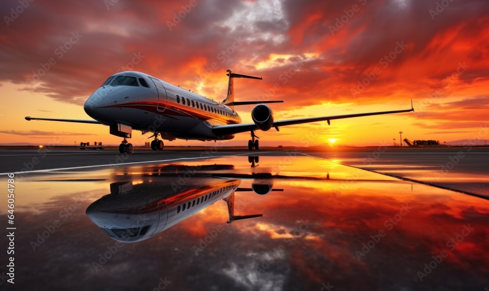 The sun is setting behind a plane on an airport