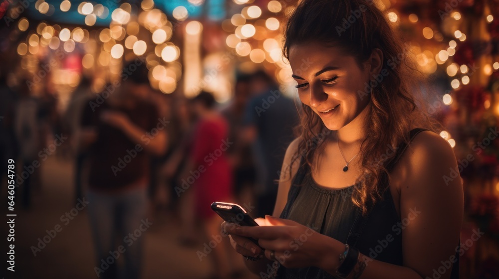 Woman at night festival with smartphone