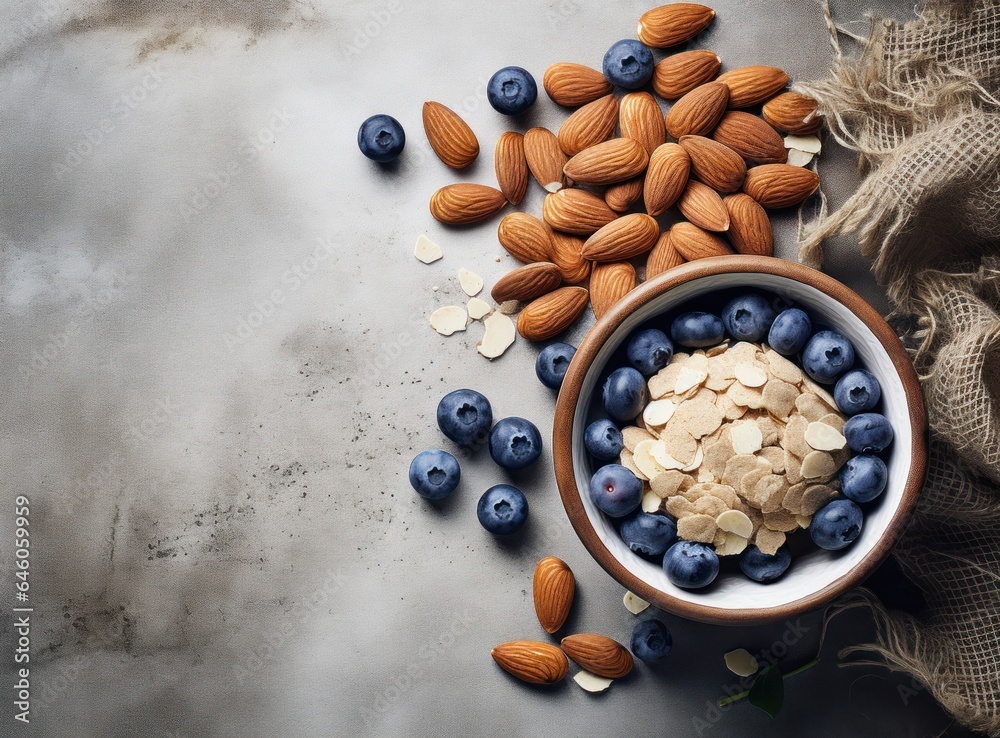 Fresh blueberries and almonds over oatmeal in a bowl