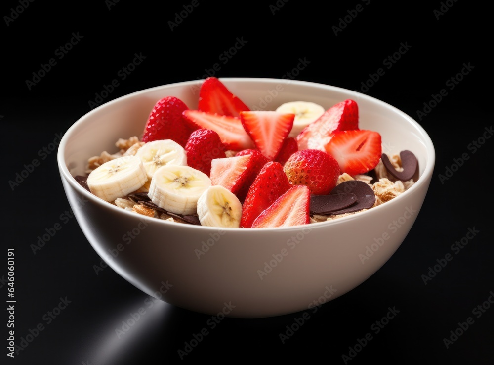 A bowl of muesli with strawberry and banana