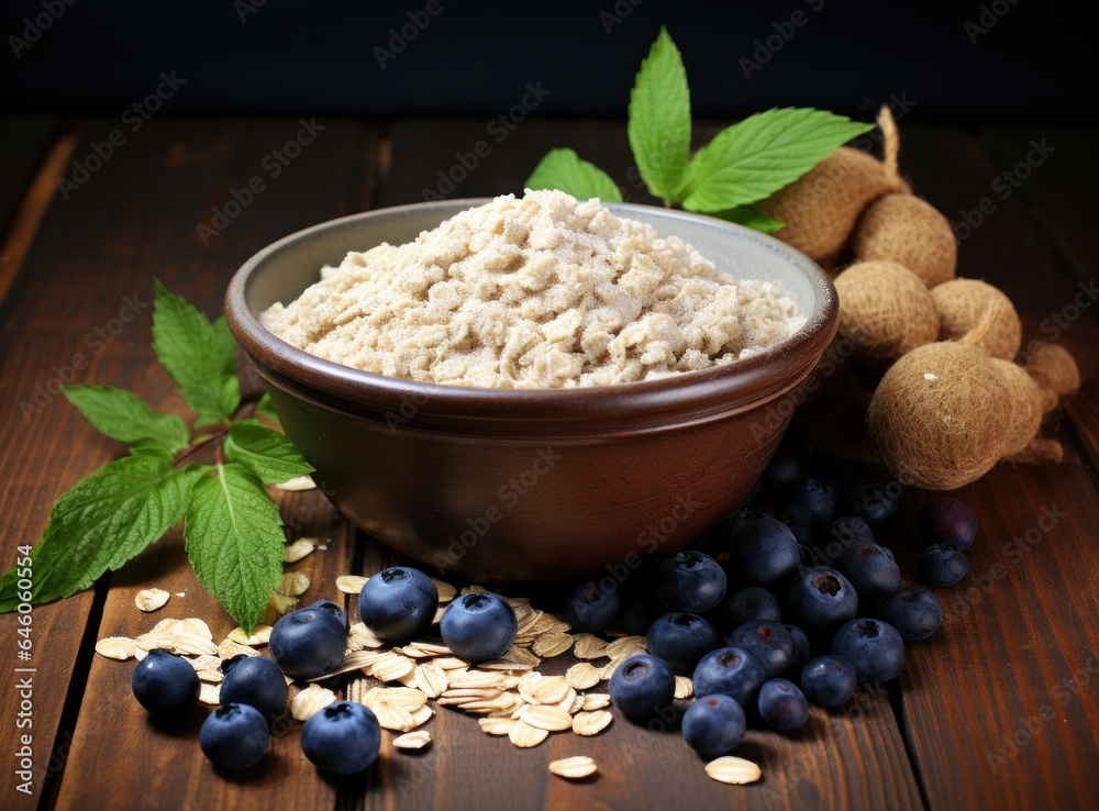 Fresh blueberries and almonds over oatmeal in a bowl