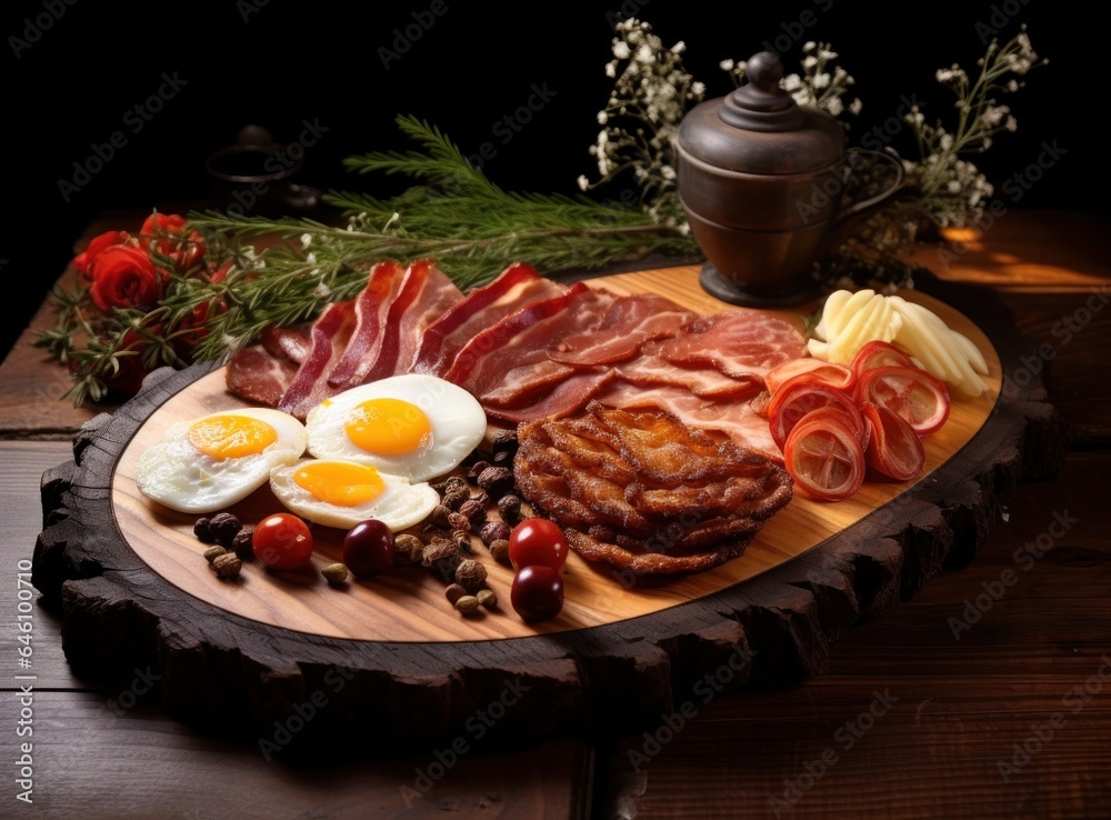 English breakfast with fried eggs and bacon