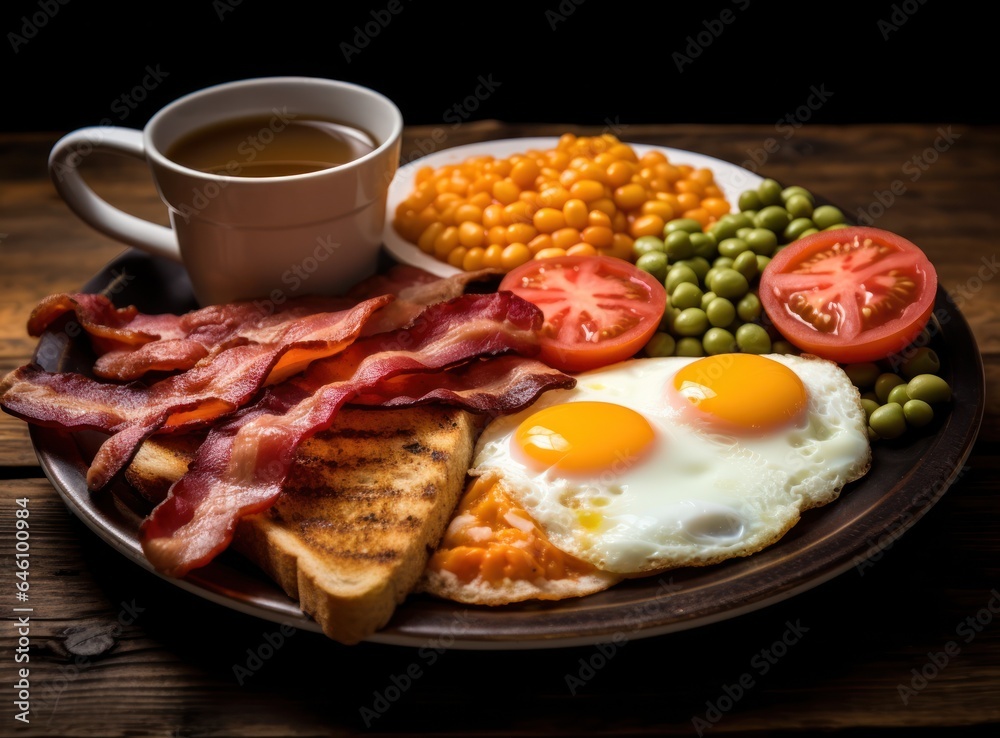 English breakfast with fried eggs and bacon