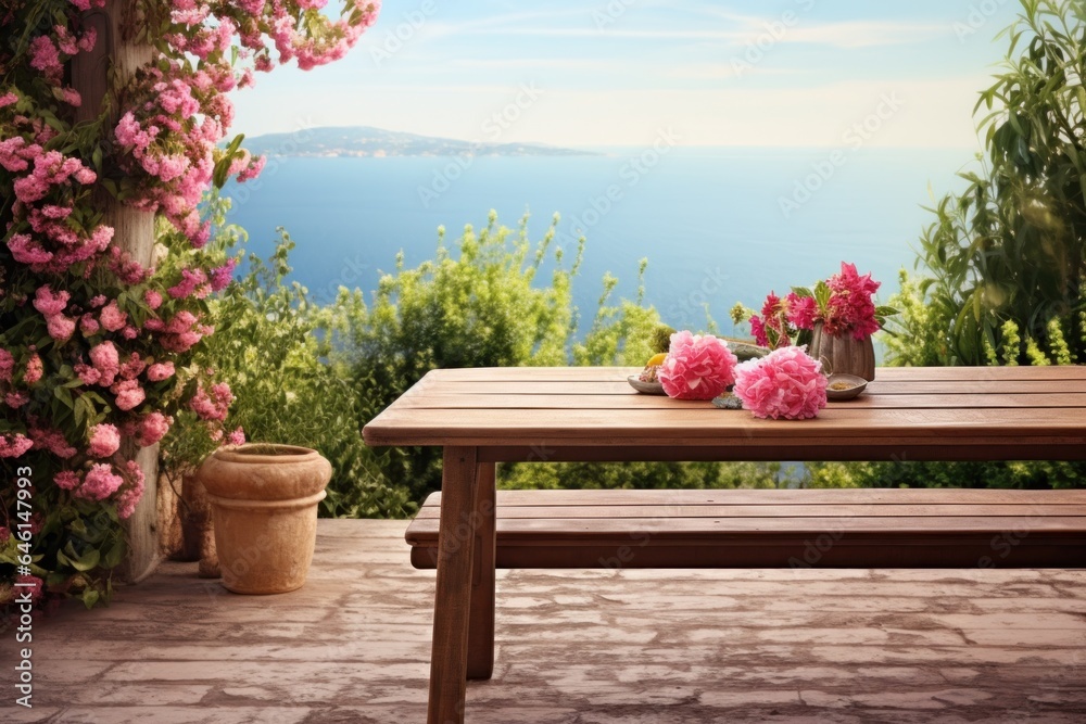 Empty wooden floor with pink flowers