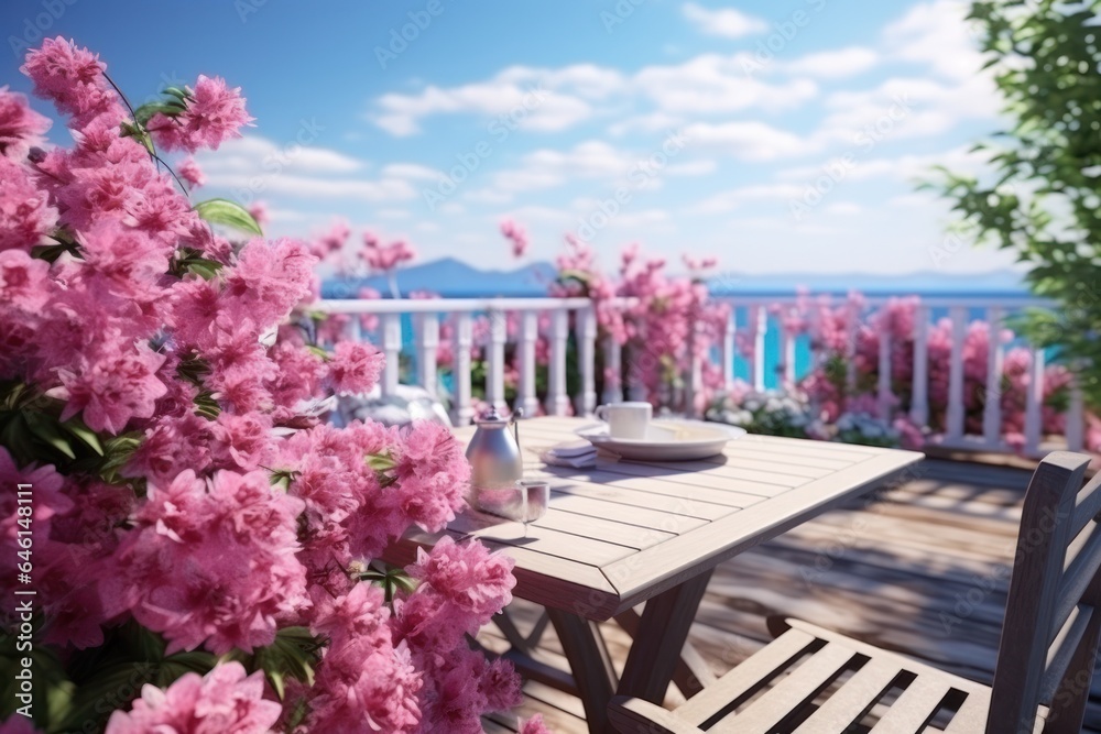 Empty wooden floor with pink flowers