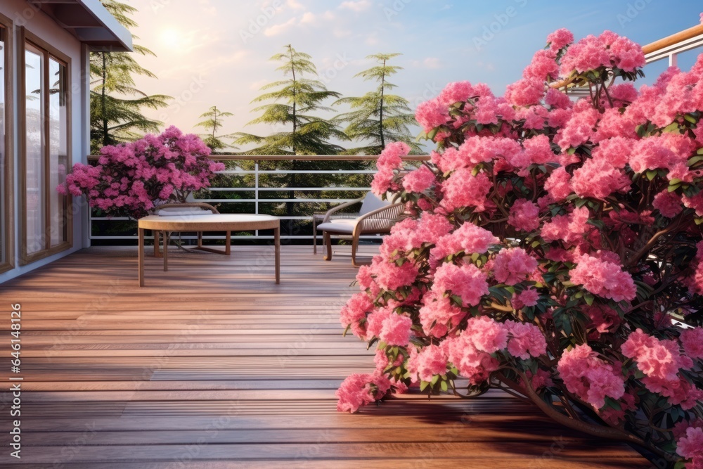 Empty wooden floor with pink flowers