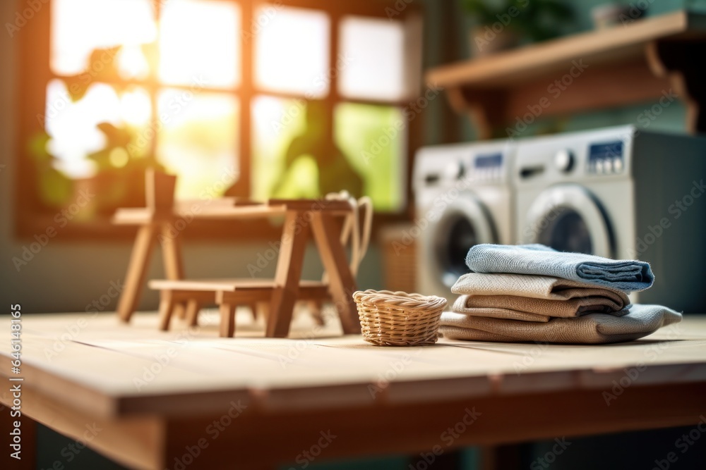 Towel on a wooden bench at the laundry room