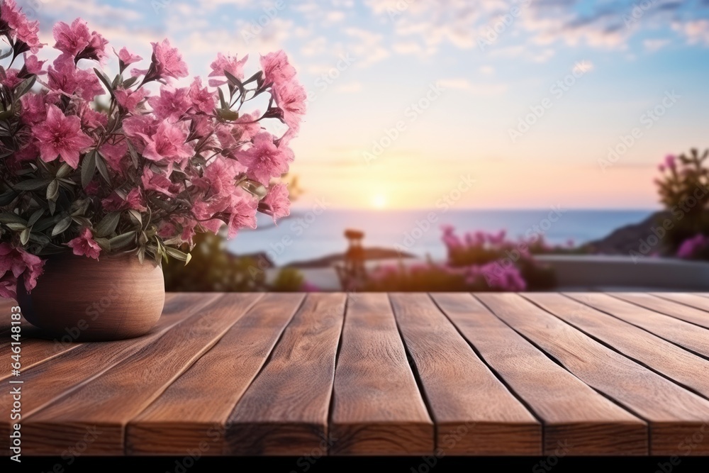 Empty wooden floor with pink flowers