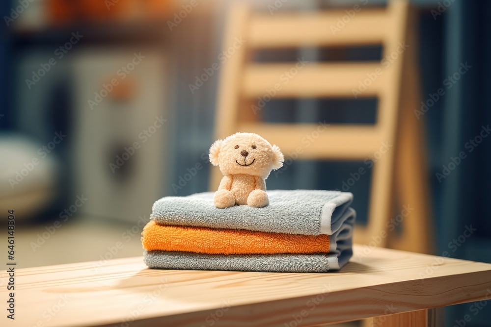 Towel on a wooden bench at the laundry room