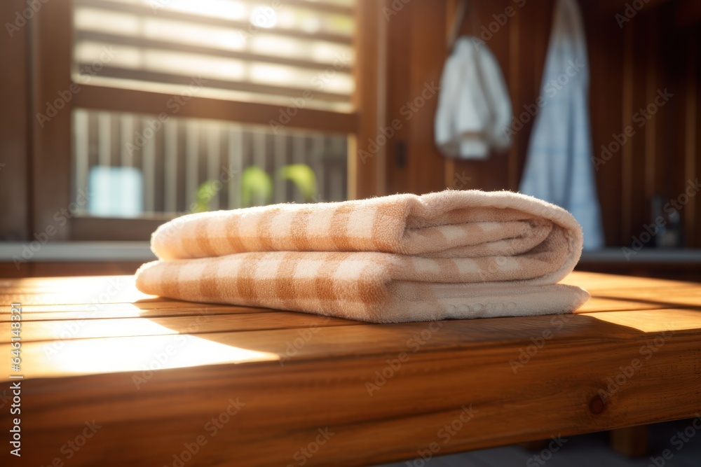 Towel on a wooden bench at the laundry room