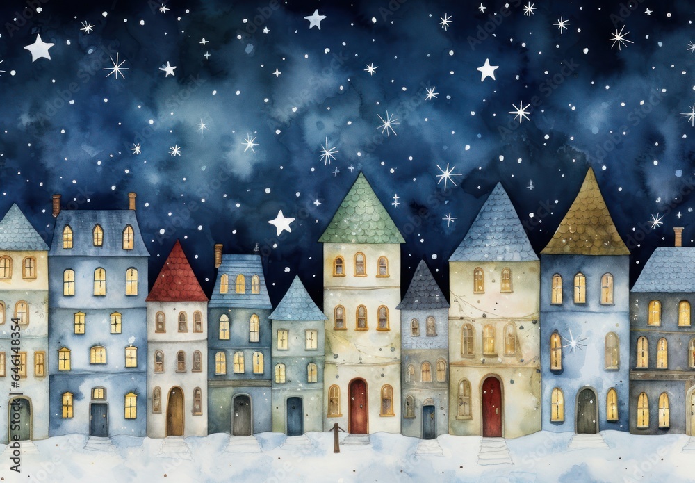 Magic watercolor winter town