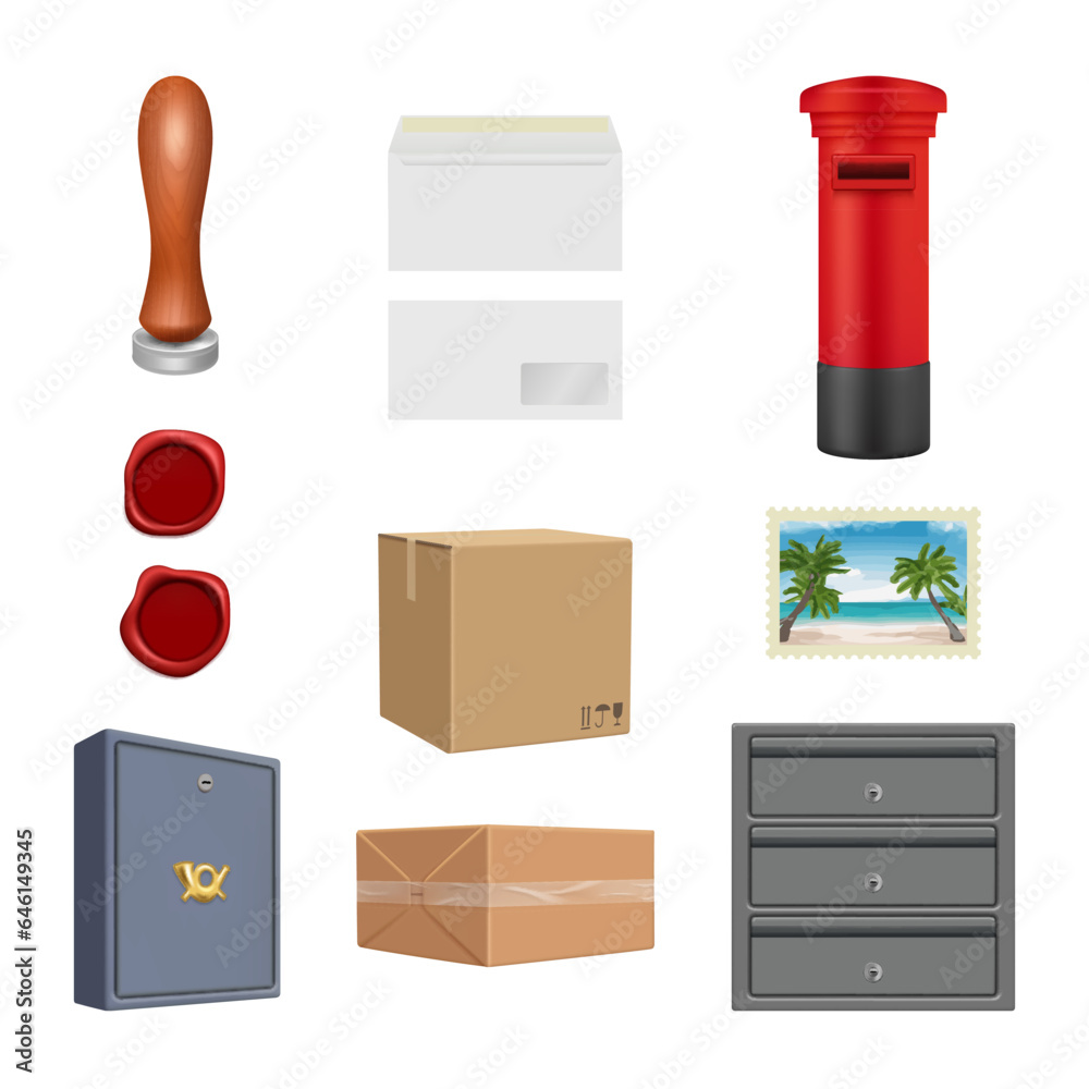 Post office. Wax stamp cardboard boxes envelopes decent vector realistic post packages