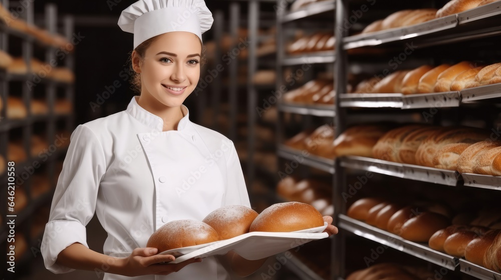 Woman in chef uniform control quality of bread in bakery factory.