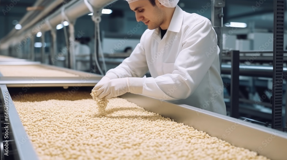 Worker man control quality product on automatic conveyor belt for transporting cedar nuts at factory