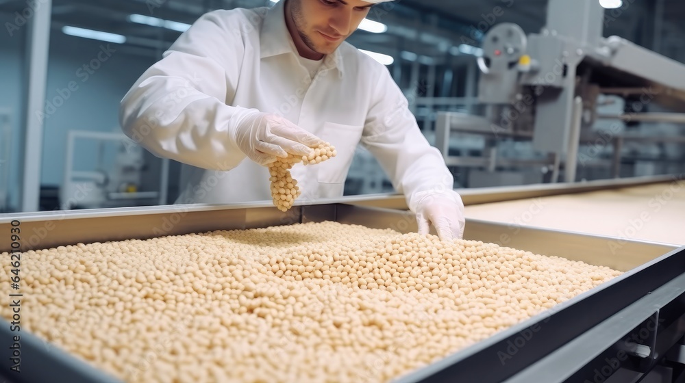 Worker man control quality product on automatic conveyor belt for transporting cedar nuts at factory