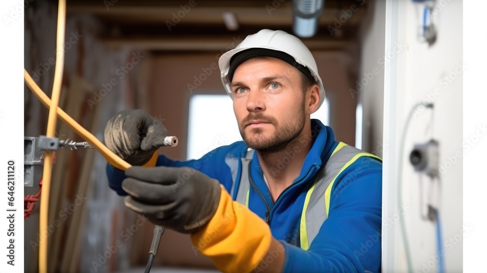 Electrician installing electricity in a new house under construction.