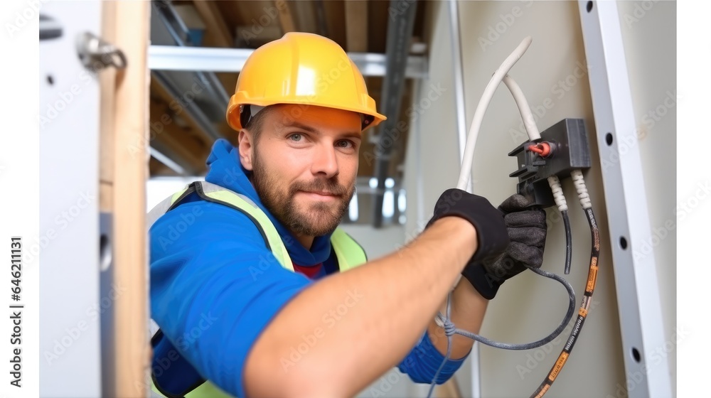 Electrician installing electricity in a new house under construction.