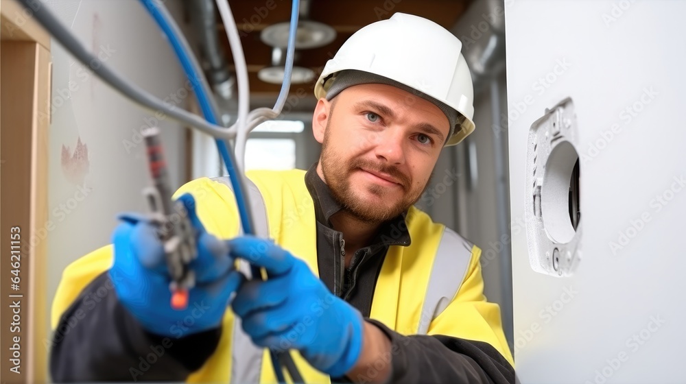 Electrician installing electricity in a new house under construction.