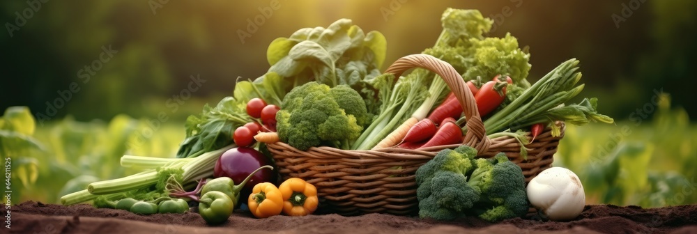 Fresh green and mix colored vegetables in big basket in agricultural background.