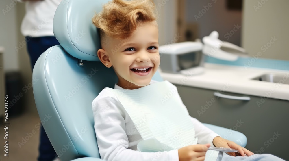 Happy little boy are sitting on chair in dentists office.