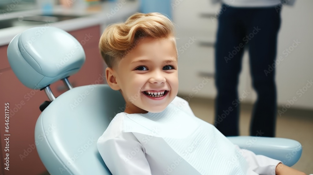 Happy little boy are sitting on chair in dentists office.