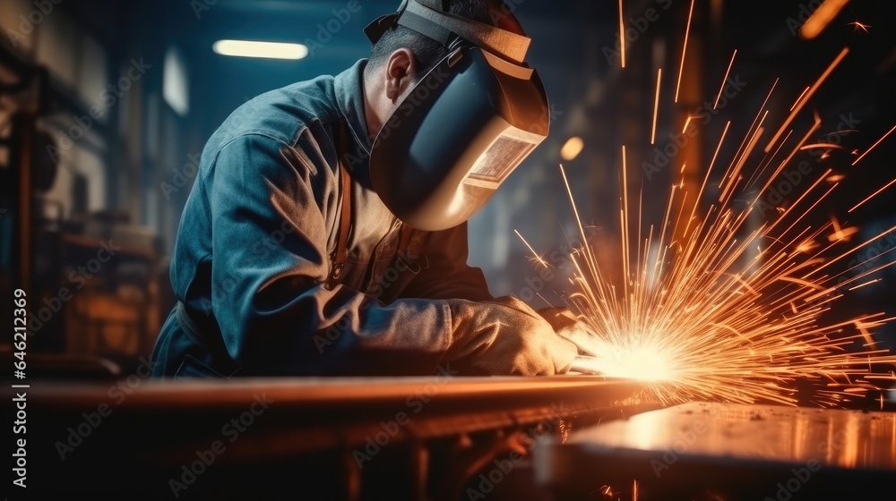 Male welder is welding metal at factory.