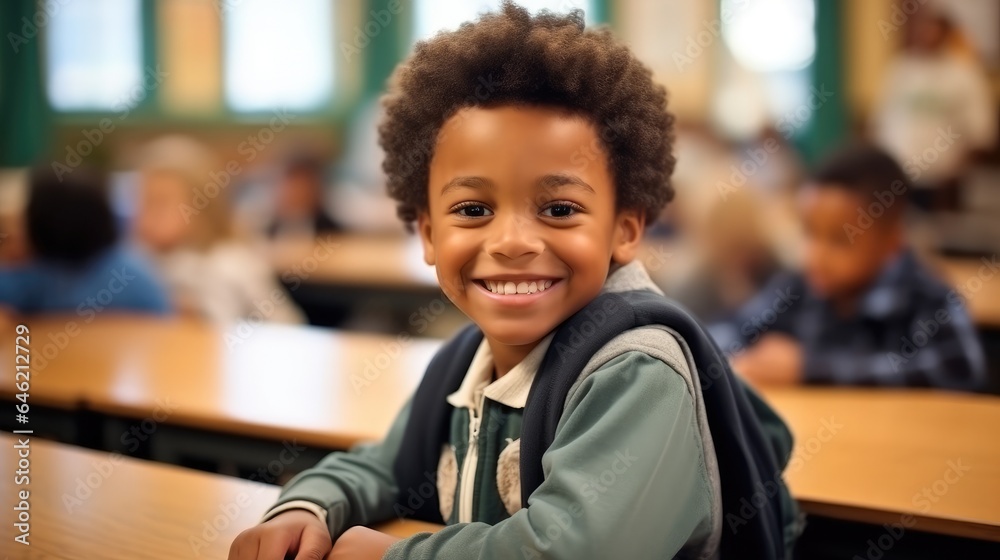 Portrait of young African American boy smiling in a elementary school classroom at school.