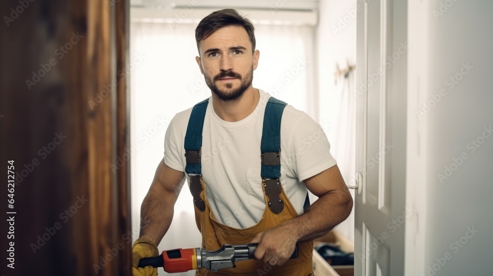 Male Carpenter Repairing Door Lock At Home Under Construction.