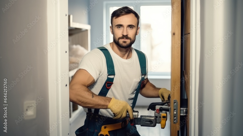 Male Carpenter Repairing Door Lock At Home Under Construction.