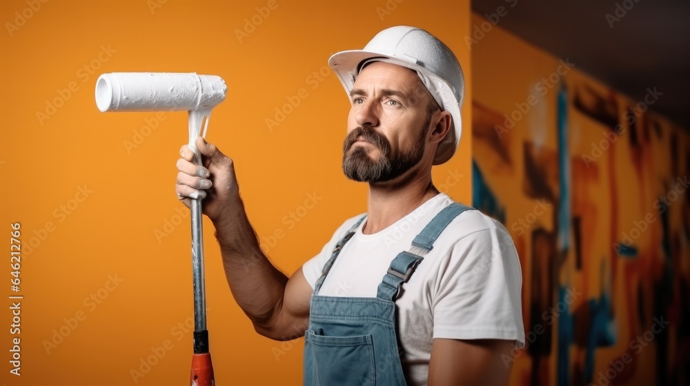 Repairman contractor holding roller paint brush for decorating and renovation.