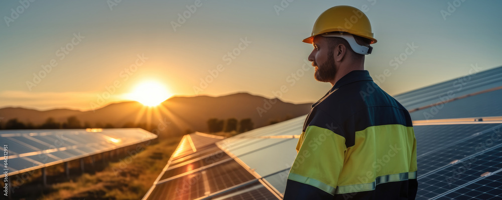 Workers at a renewable energy plan, Man working in solar power station.