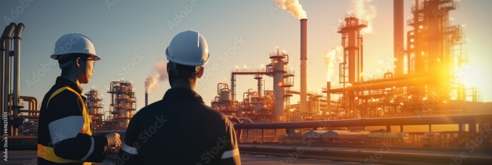 Group of engineers in uniform are checking in oil refinery field, Rear view.