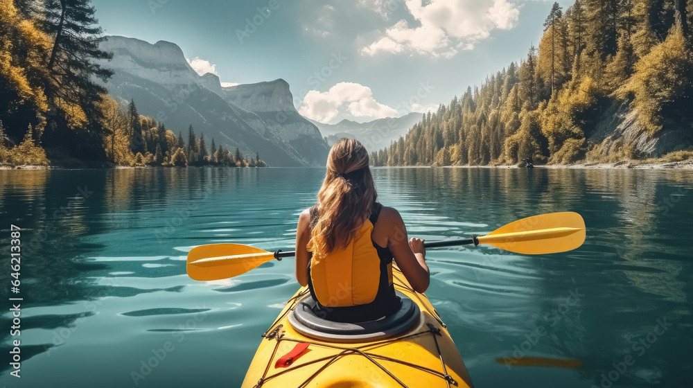 Woman kayaking in lake with beautiful landscape.