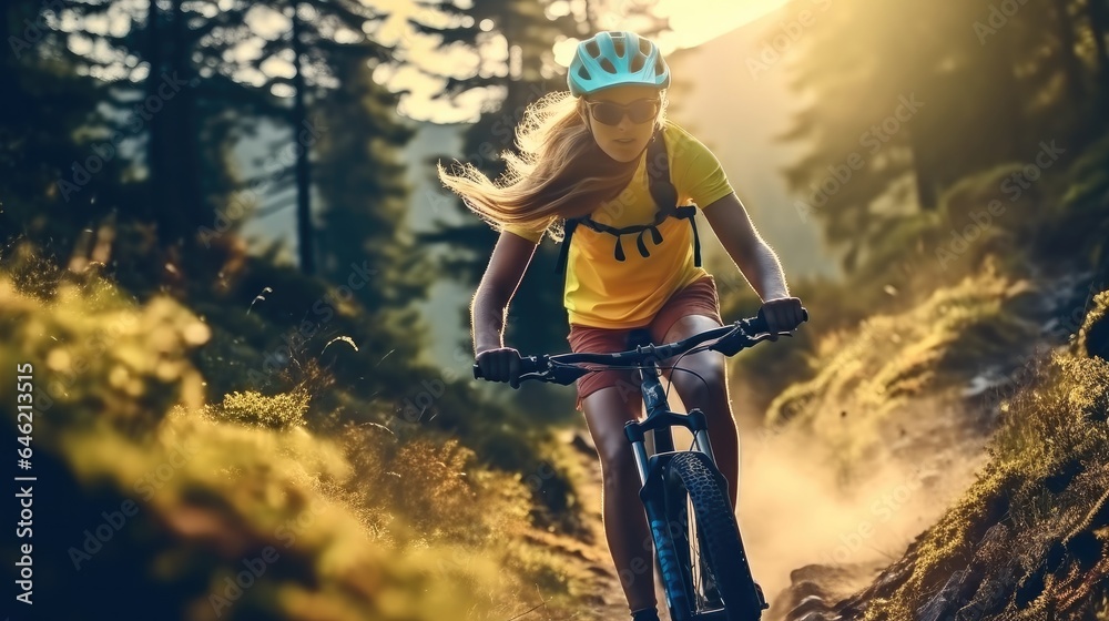 Mountain biking woman riding on bike in forest at mountain.