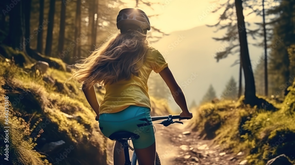 Mountain biking woman riding on bike in forest at mountain.