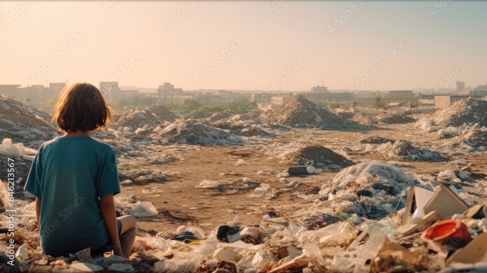 Rear view, Sad children sitting looking at a lot of plastic wastes, Environmental pollution.