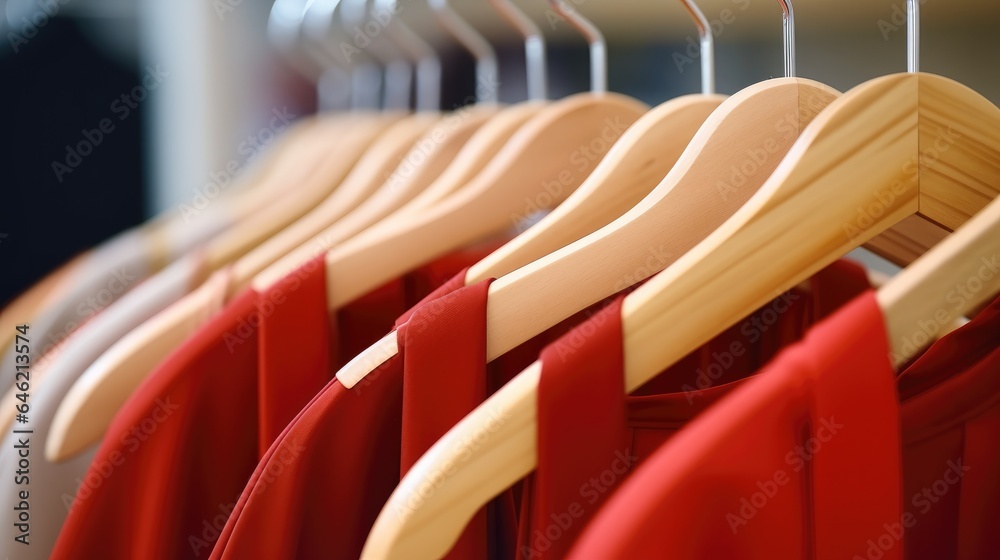 Red and wooden hanger hanging on metal pipe at shopping mall, Business leader selling clothes and st