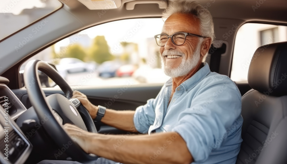 Happy senior man enjoying his new auto car.