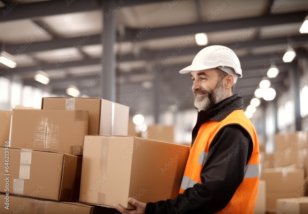 Warehouse worker with cardboard boxes are working at large warehouse, Inventory control, Order fulfi