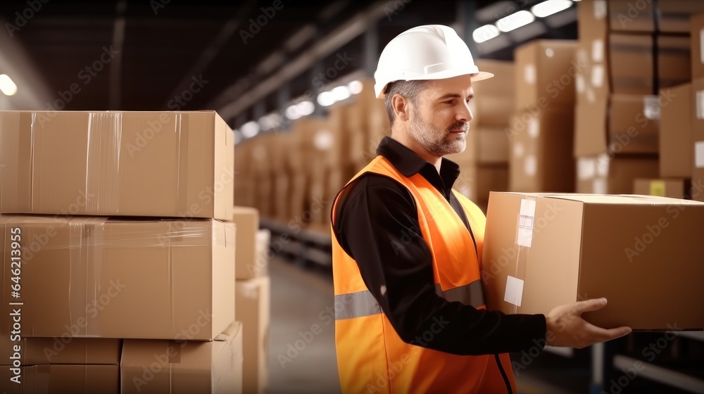 Warehouse worker with cardboard boxes are working at large warehouse, Inventory control, Order fulfi