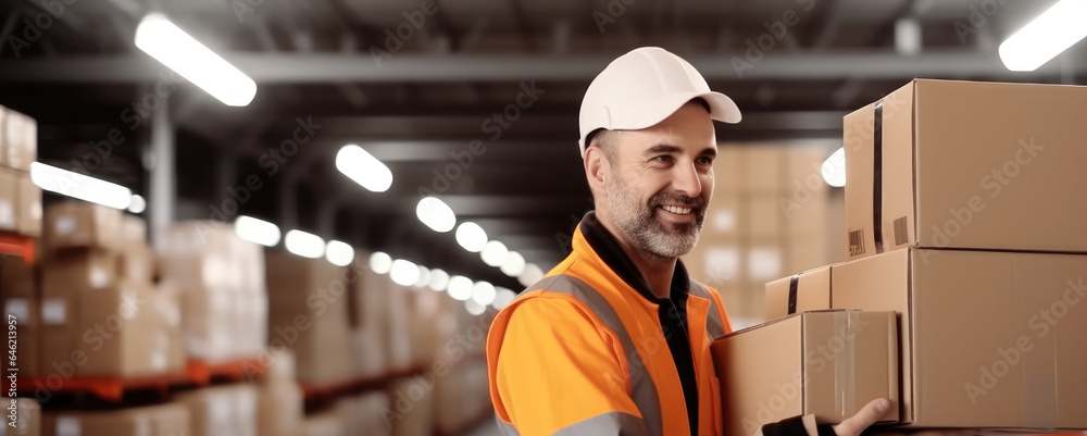 Warehouse worker with cardboard boxes are working at large warehouse, Inventory control, Order fulfi